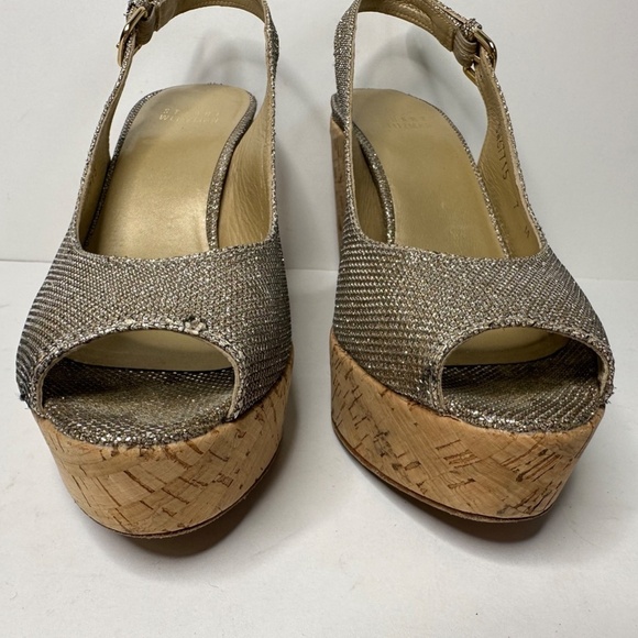 Stuart Weitzman Jean Glitter Slingback Cork Platform Sandals Women's Size 7M - Picture 7 of 14